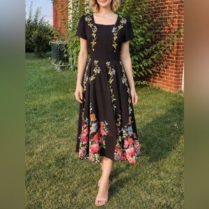 FLORYDAY Black Floral NWT Chiffon Midi Cocktail Dress Women's Size XS